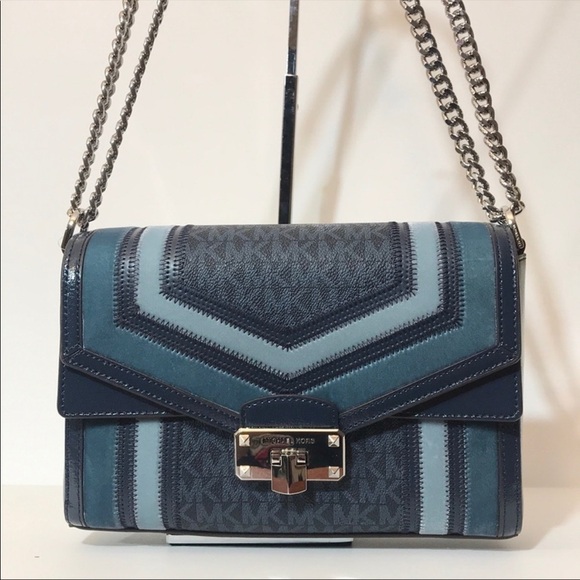 Michael Kors Kinsley Medium shoulder flap bag dark chambray multi color chain - Picture 1 of 8